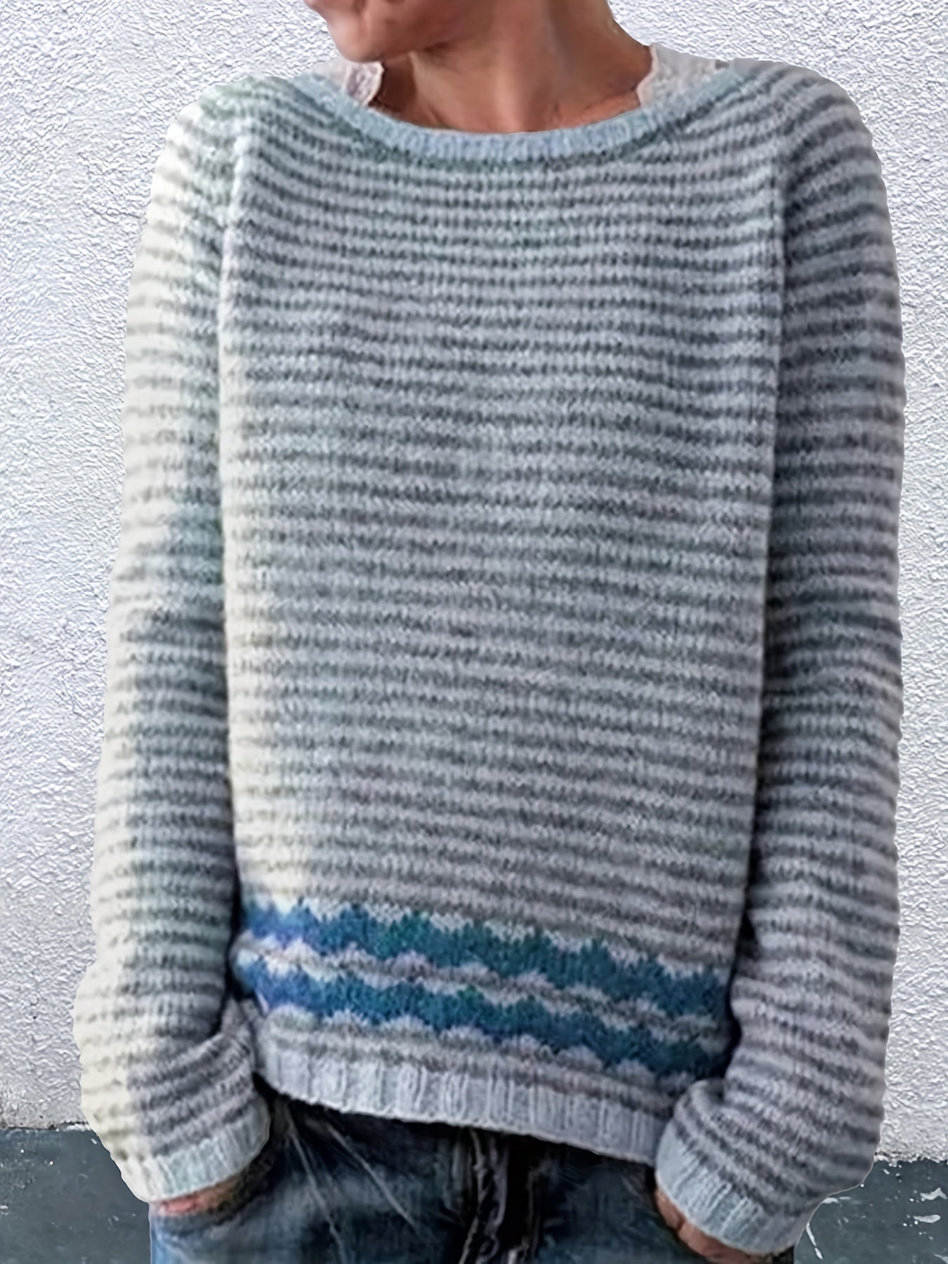Striped Crew Neck Pullover Sweater Long Sleeve Casual Fall Winter Women's Clothi