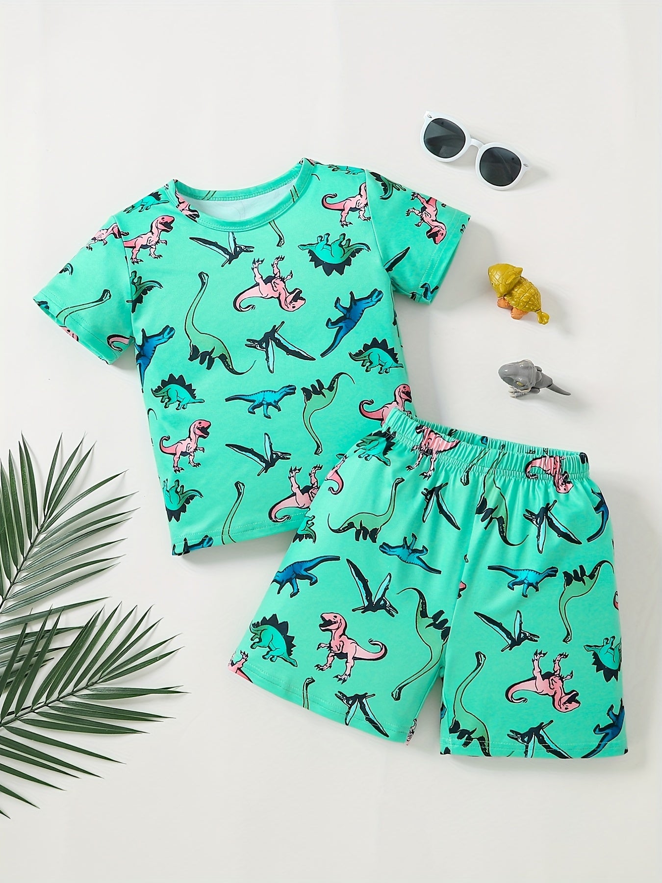 Boys Cartoon Dinos Print Tee & Shorts Set, Summer Kids Outfit