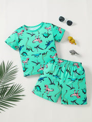 Boys Cartoon Dinos Print Tee & Shorts Set, Summer Kids Outfit