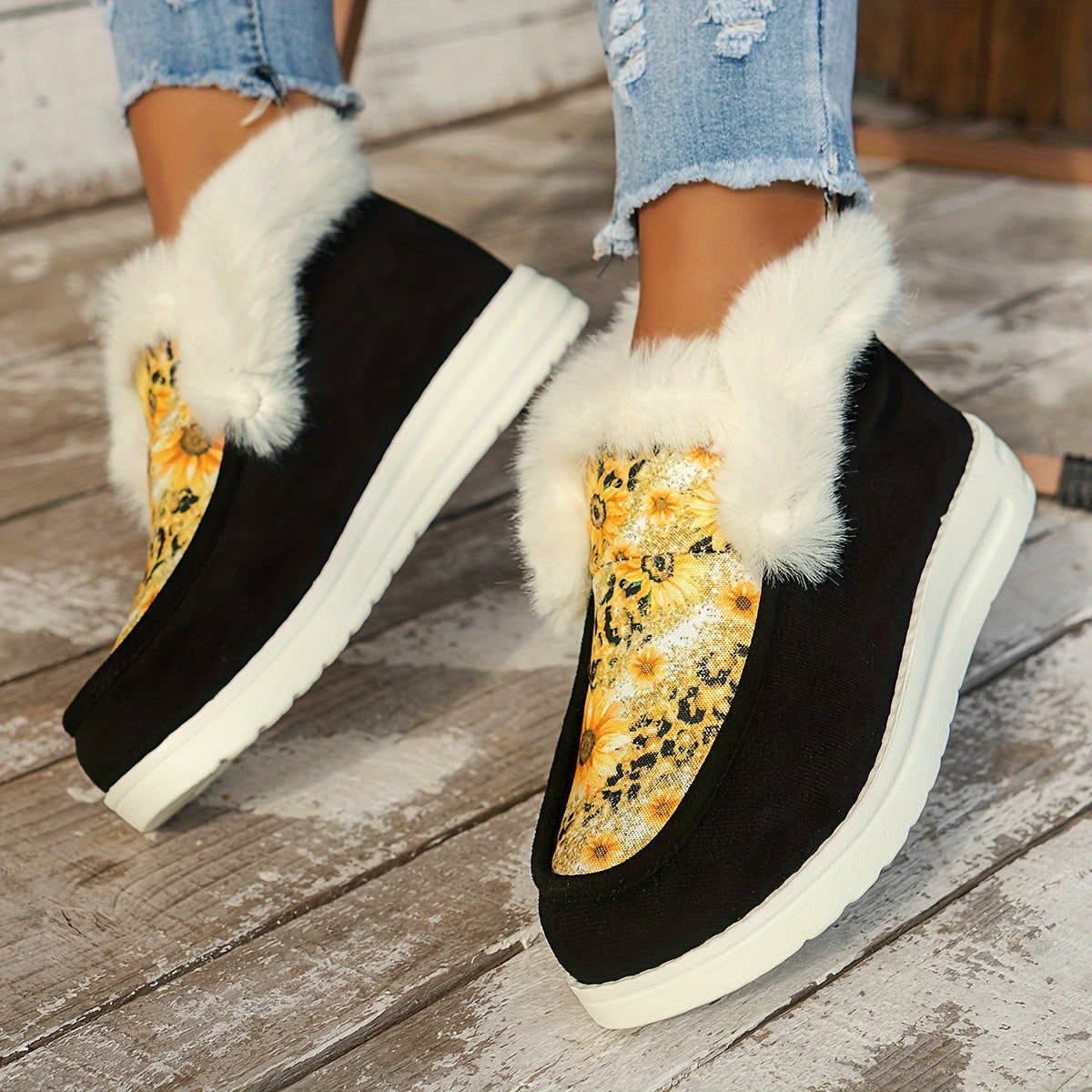 Sunflower Print Furry Snow Boots Plush Lined Warm Loafers