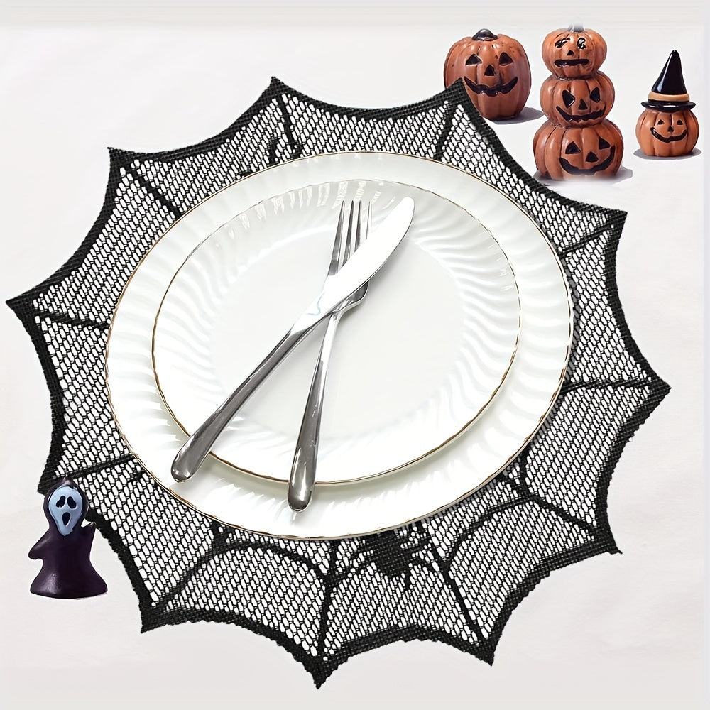 2pcs Halloween Round Placemats Lace Spider Web Table Mat for Party