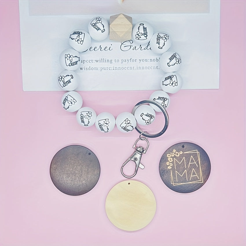 Monogram Printed Wood Bead Bracelet Keychain Horn Cheer Bracelet Alphabet