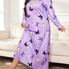 Casual Nightdress Women's Plus Butterfly Print Long Sleeve Tee