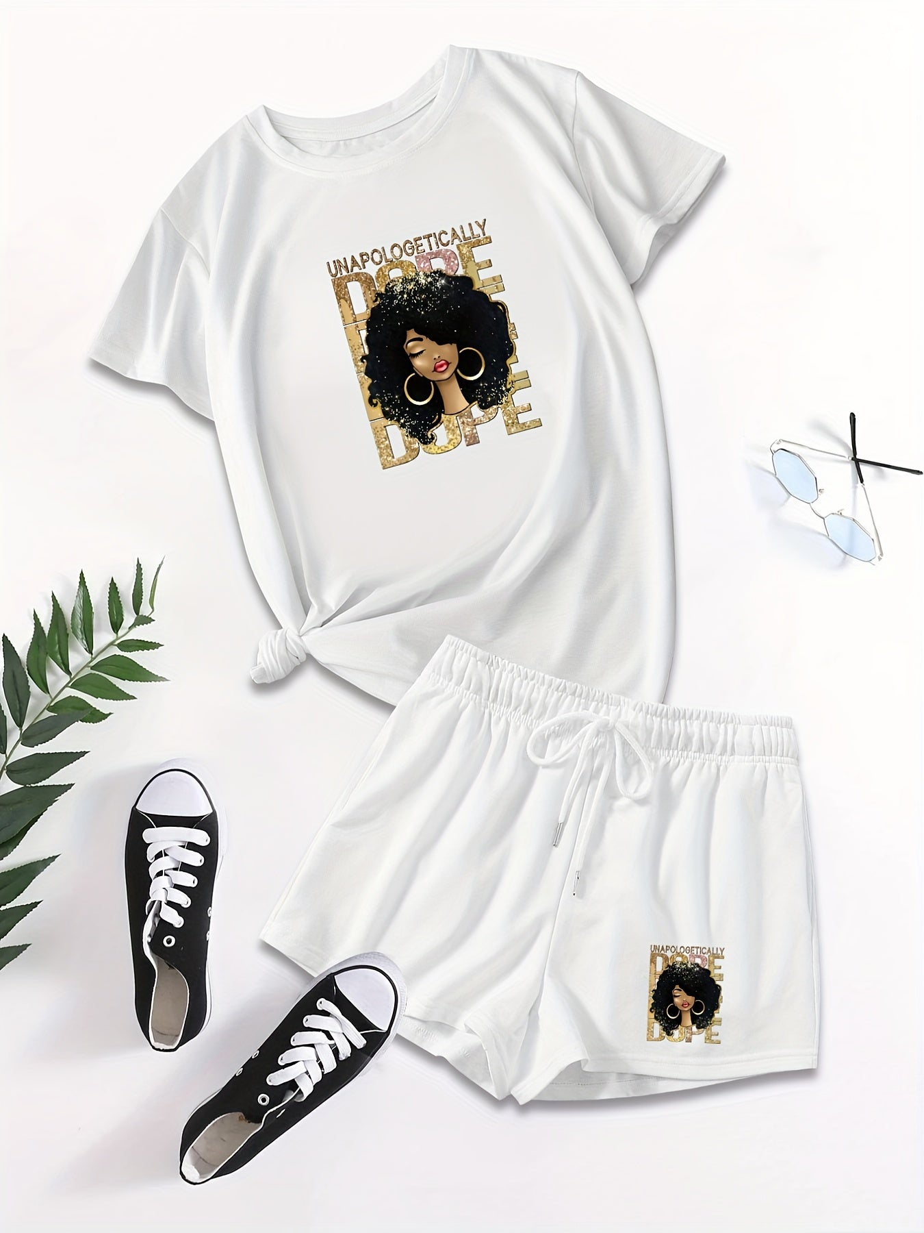 Graphic & Letter Print Casual Short Sleeve T-shirt & Drawstring Waist Set