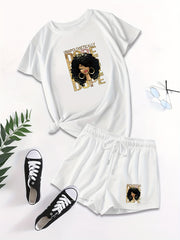 Graphic & Letter Print Casual Short Sleeve T-shirt & Drawstring Waist Set