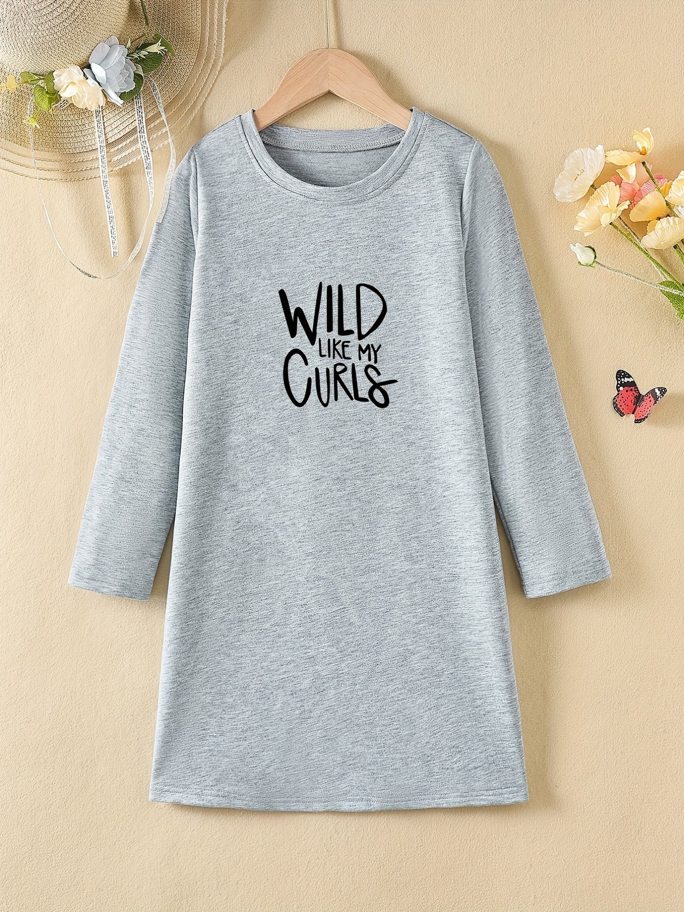 Girls' Letter Print Long Sleeve A Line Dress for Spring Fall