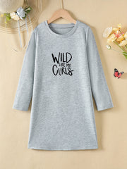 Girls' Letter Print Long Sleeve A Line Dress for Spring Fall