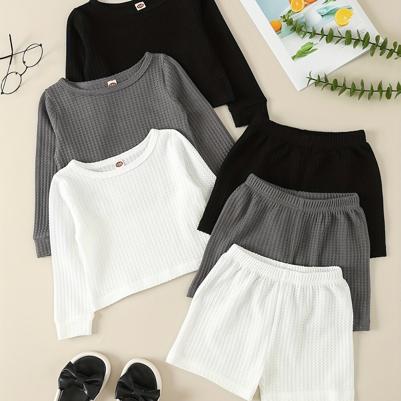 Girl's Solid 2pcs Long Sleeve Top & Shorts Set Waffle Texture Outfit
