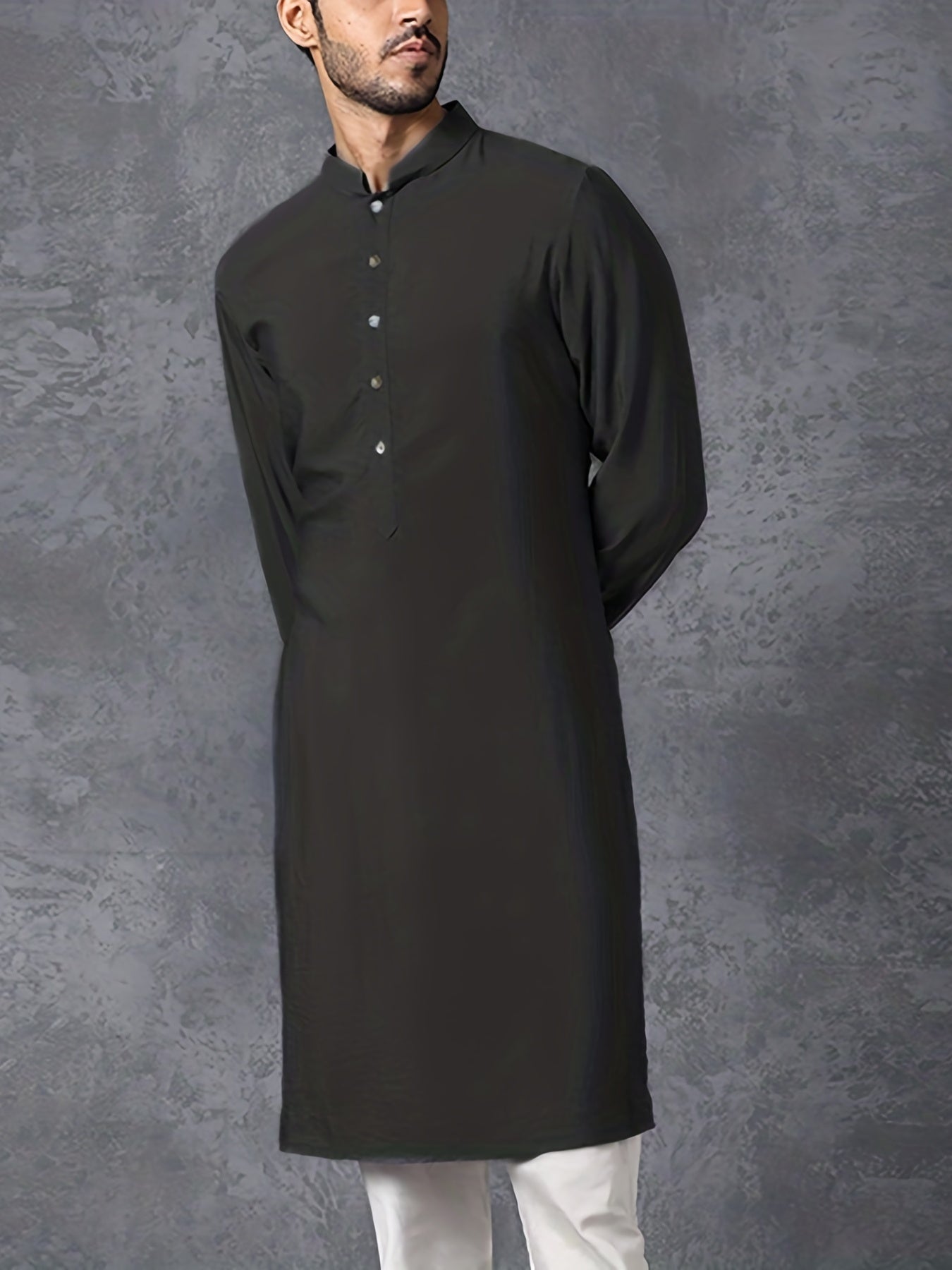 INCERUN Vintage Arab Long Sleeve Shirt Solid Robe Men Stand Collar