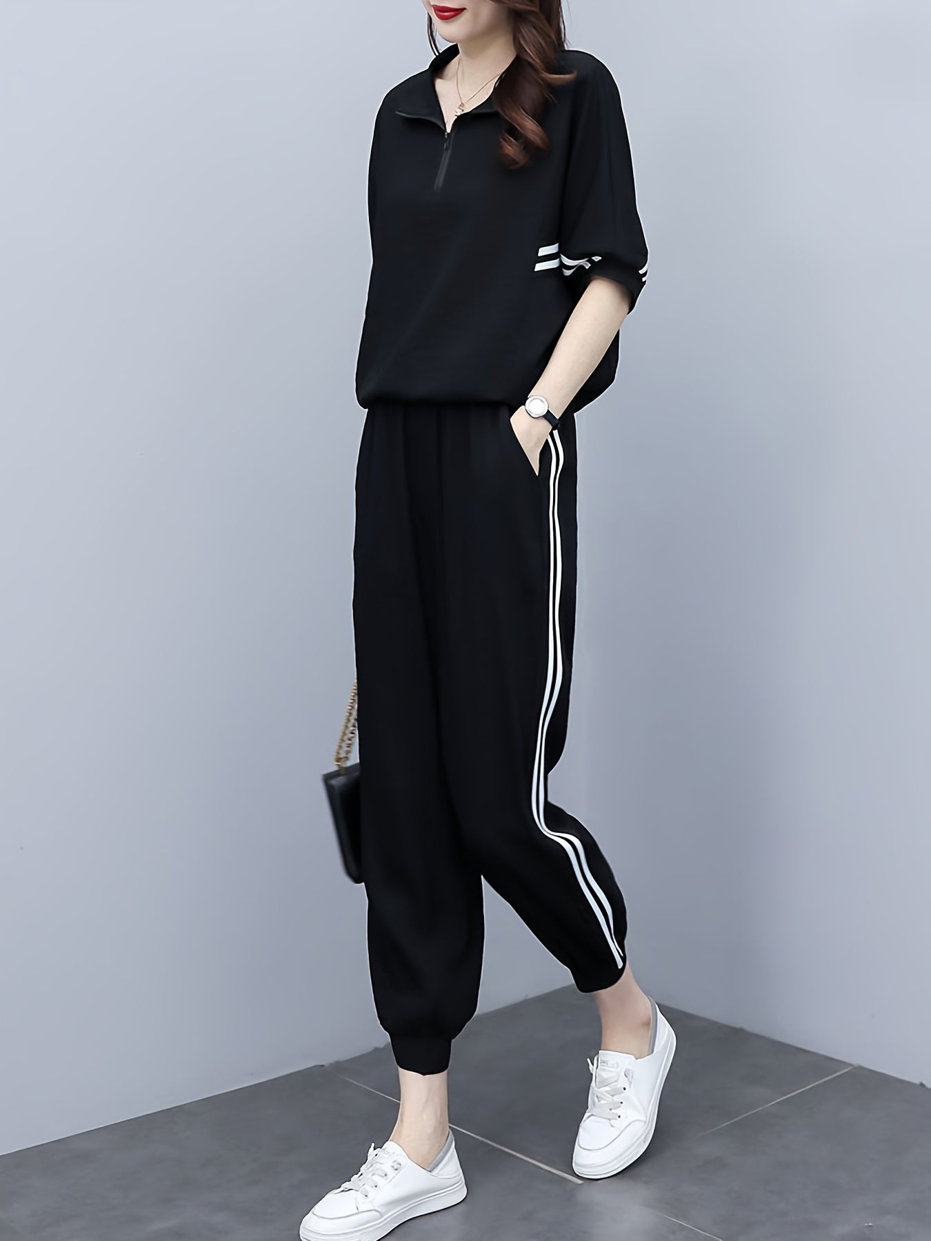 Striped Print Zipper Front T-shirt & High Waist Set