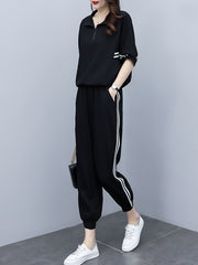 Striped Print Zipper Front T-shirt & High Waist Set