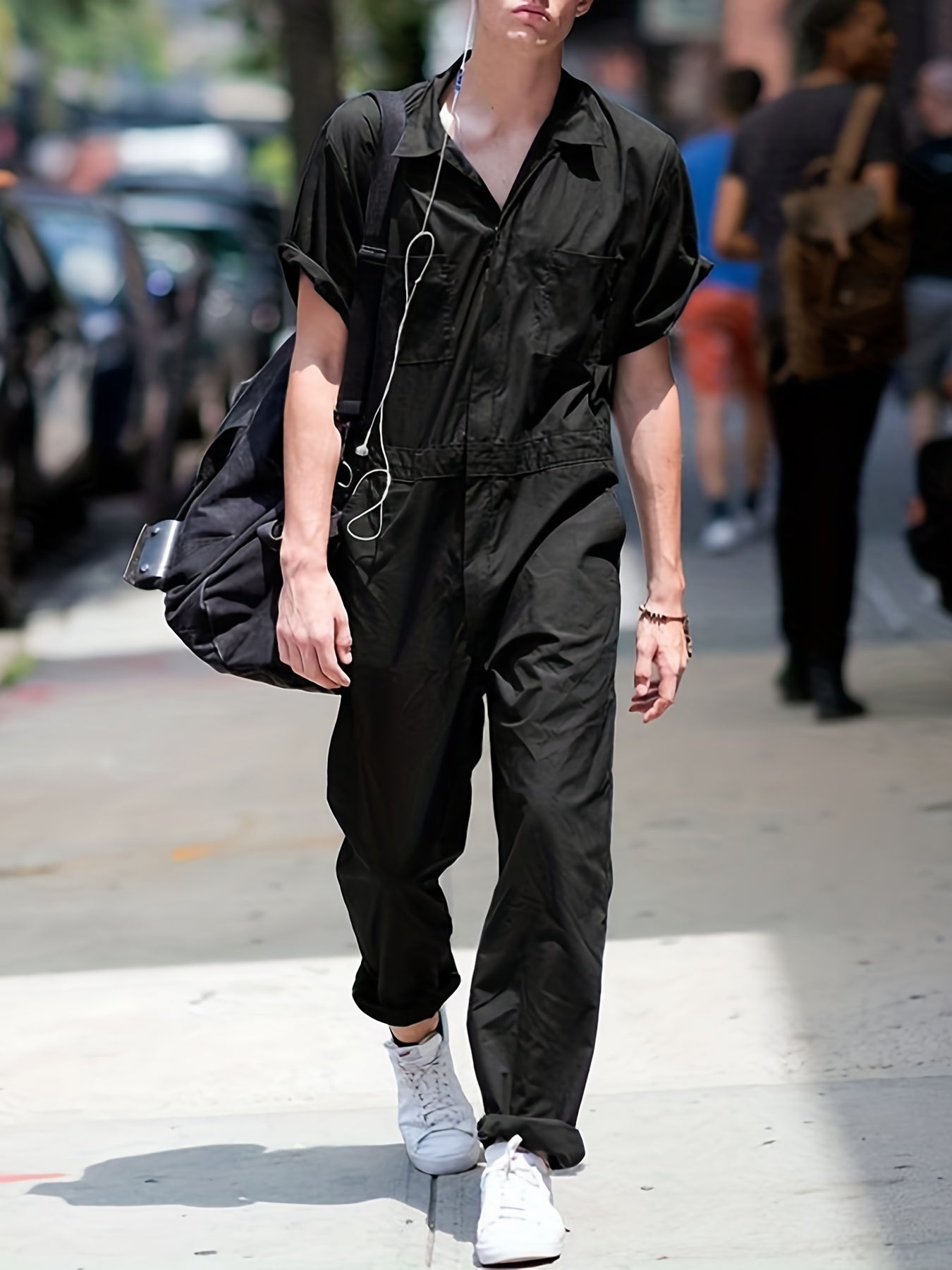 Men's Zipper Overalls Jumpsuit Casual Short Sleeved Work Clothes