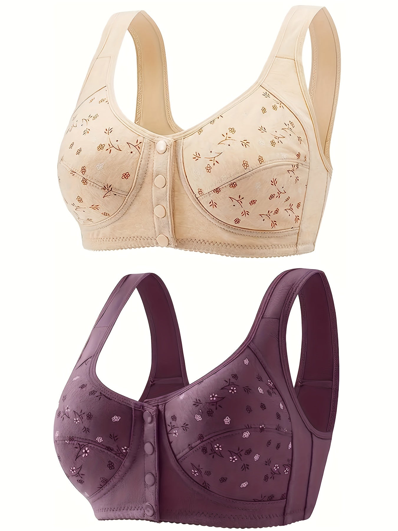 2pcs Floral Print Wireless Bras Front Buckle Bra Women's Lingerie