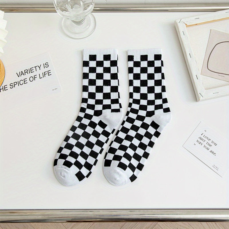 3 Pairs Checkerboard Crew Socks Casual Comfy Mid Tube Socks Women's Stockings
