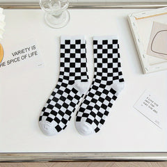 3 Pairs Checkerboard Crew Socks Casual Comfy Mid Tube Socks Women's Stockings