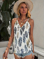 Feather Print Spaghetti Strap Top V Neck Cami
