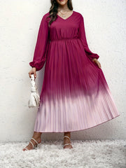Ombre Print Long Sleeve V Neck Pleated Dress