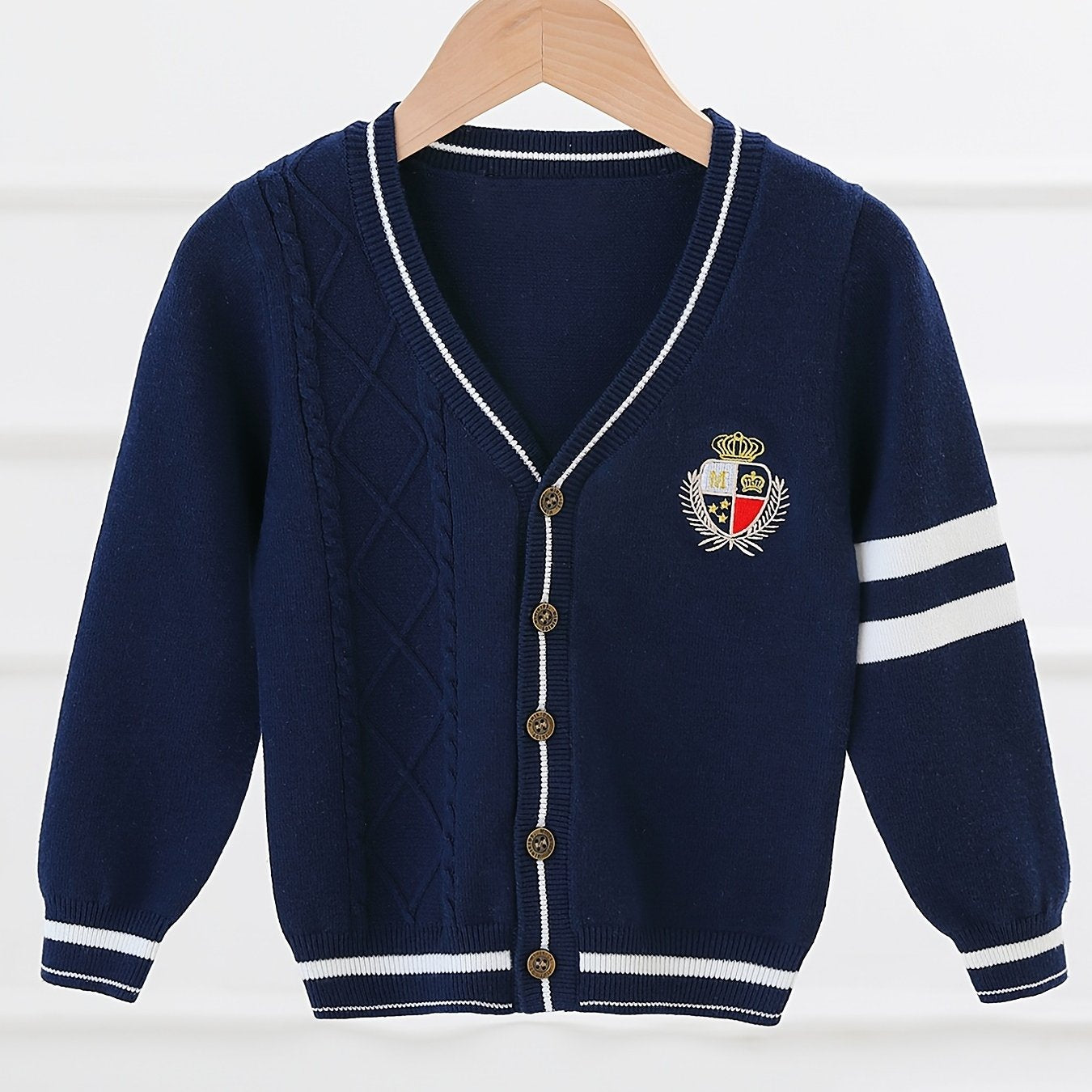 Boys Casual College Style Cardigan Sweater Crew Neck Tops