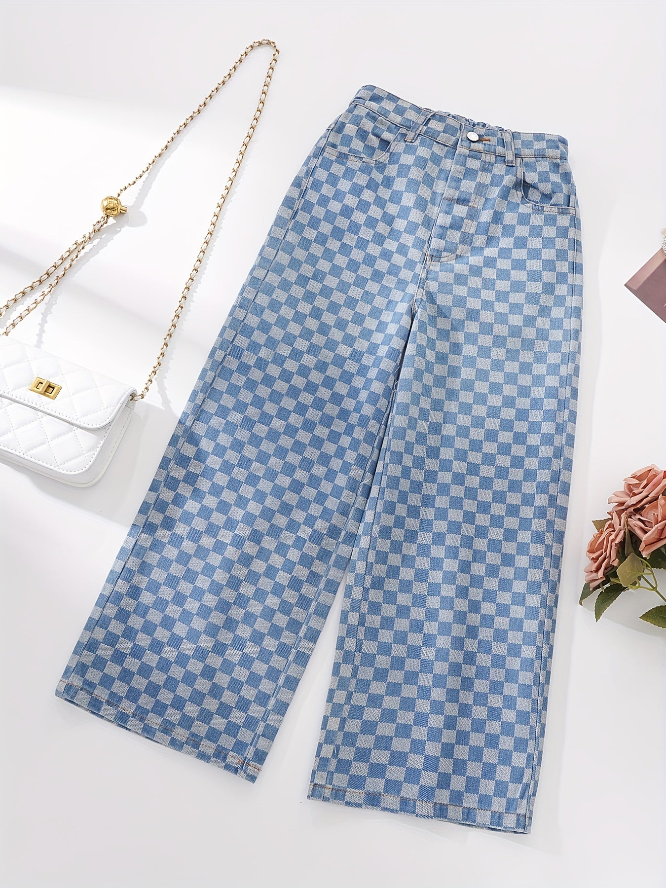 Kid Girls Plaid Elastic High Waist Jeans Straight Wide Leg Loose Denim Pants