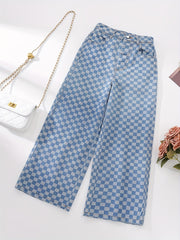 Kid Girls Plaid Elastic High Waist Jeans Straight Wide Leg Loose Denim Pants