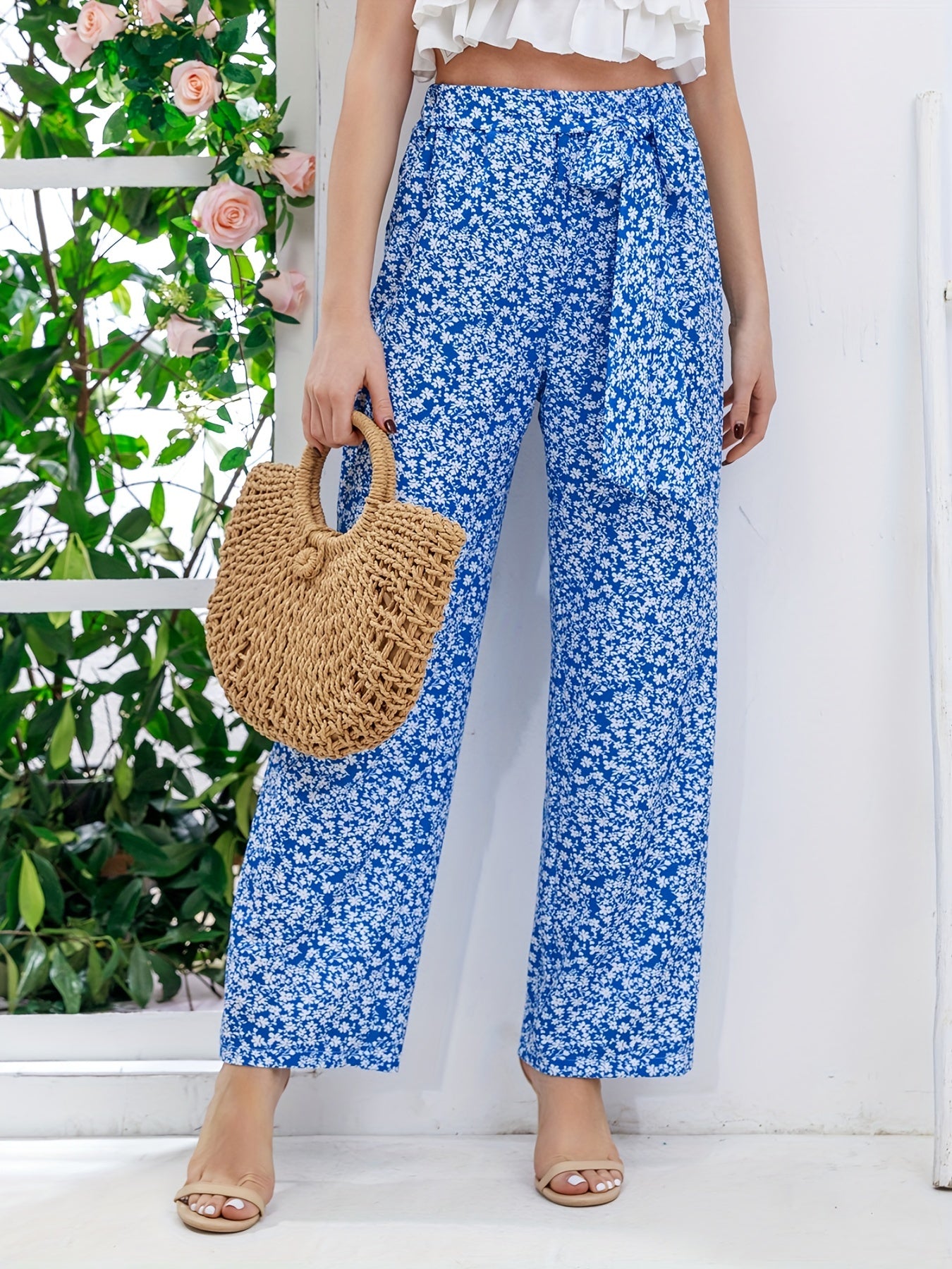 Abstract Print Wide Leg Pants Waist Tie Casual Pants Women's Clothing