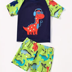 Kid's Swim Trunks & Tops 2pcs Dino Music Print, Beach Vacation Casual Set