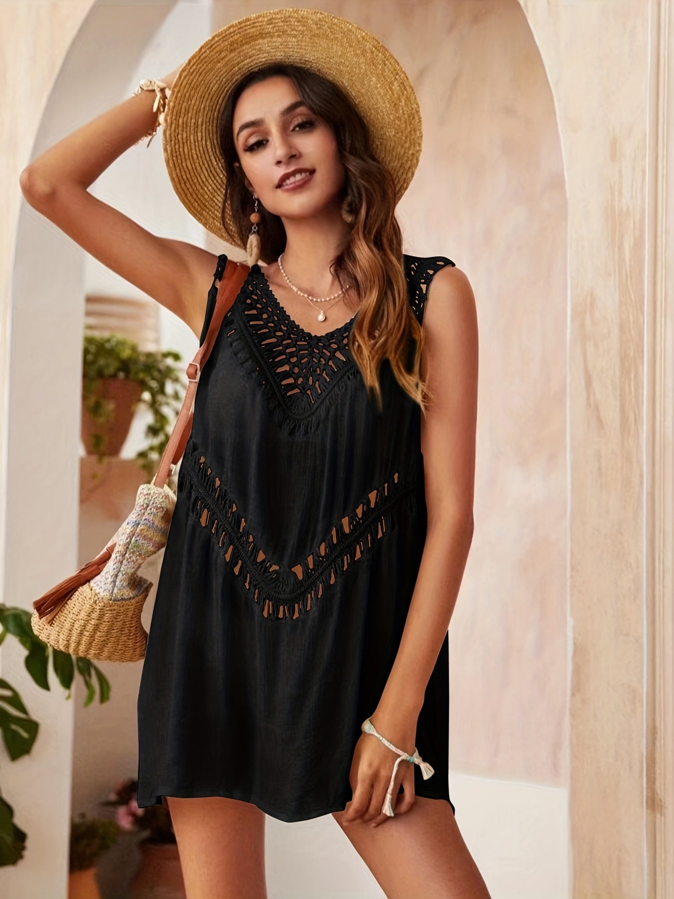 Colorblock Crochet Cover Up Shirt Hollow Out V Neck Casual Cover Dress