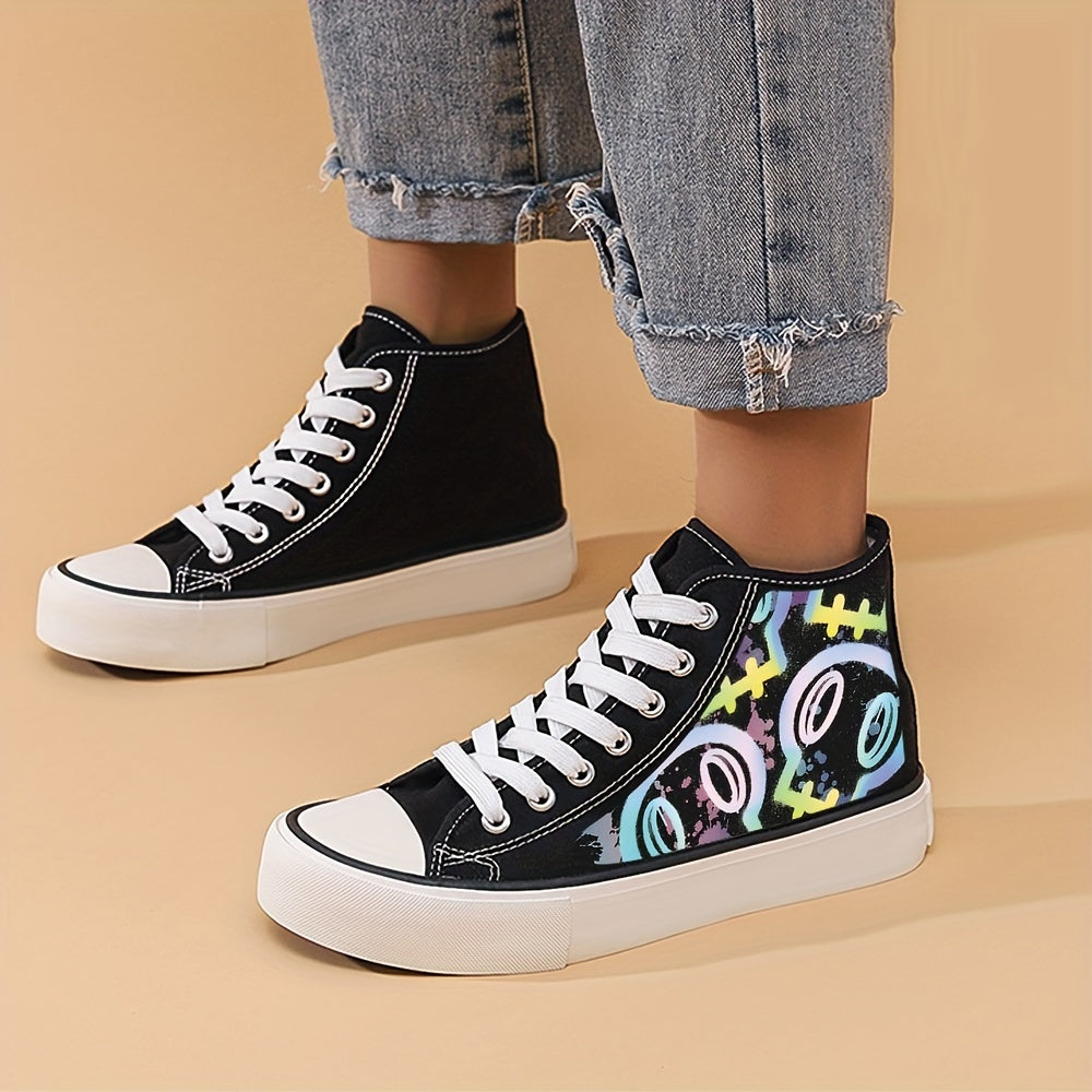 Girl's High Top Cartoon Skull Pattern Skate Shoes