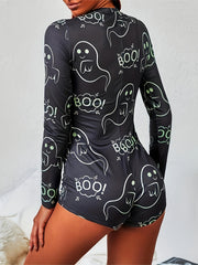 Halloween Ghost Print Pajama Romper Long Sleeve V Neck Buttons Pajamas
