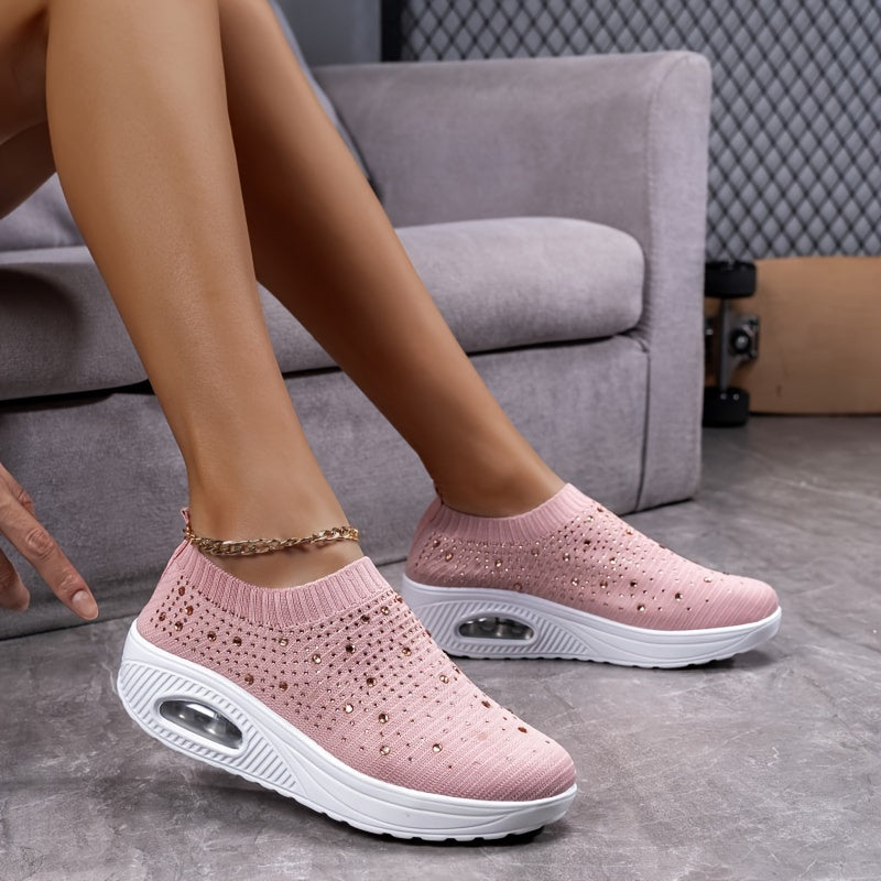 Rhinestone Rainbow Stripe Walking Shoes with Air Cushion