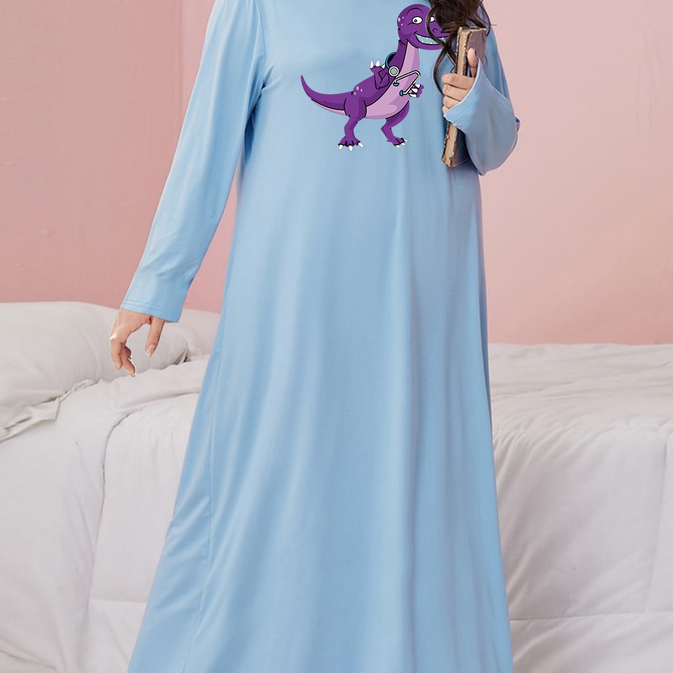 Cartoon Dinosaur Print Long Sleeve Tee Sleep Dress