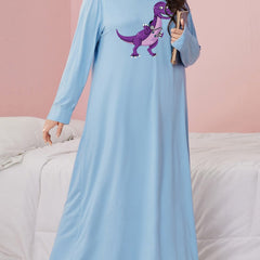 Cartoon Dinosaur Print Long Sleeve Tee Sleep Dress