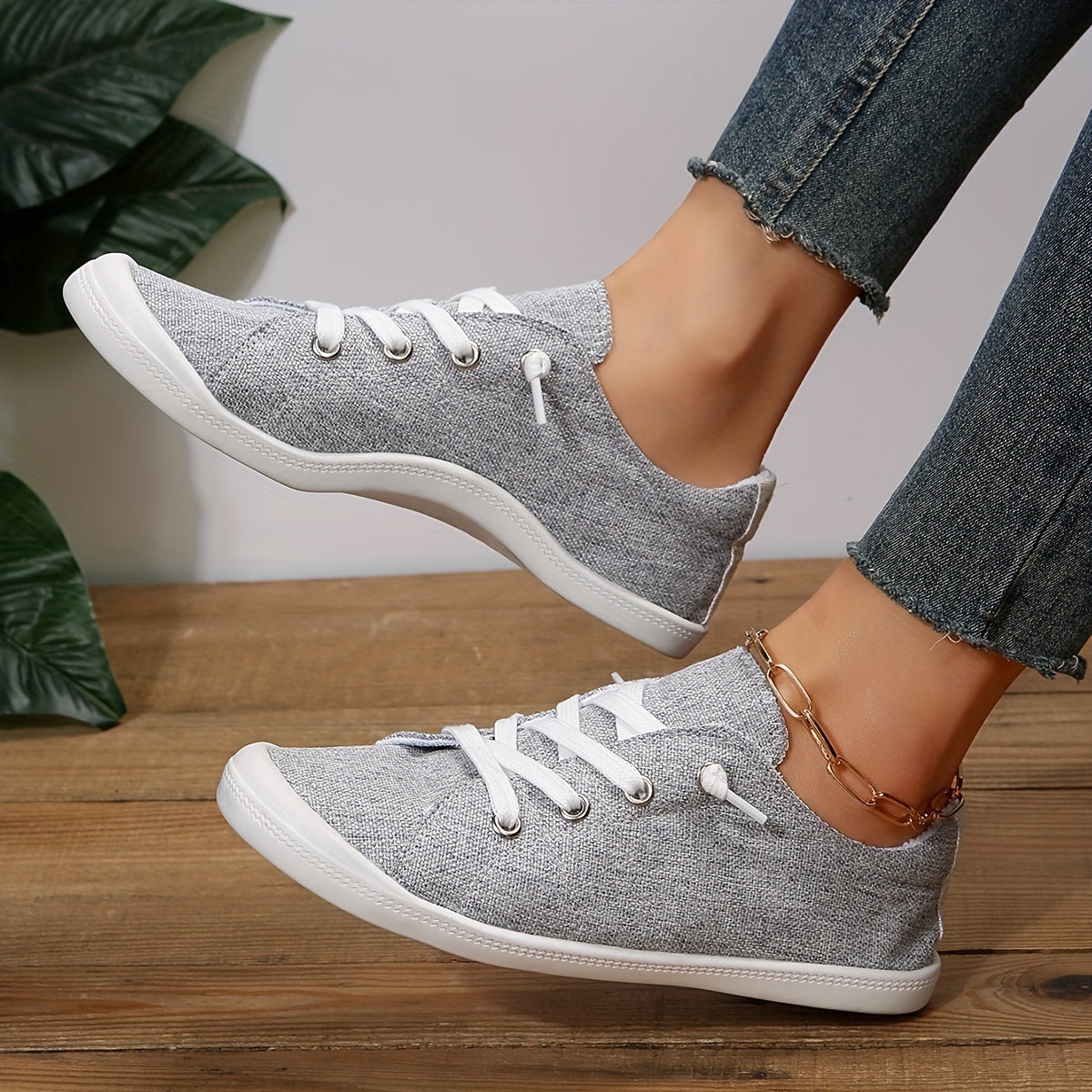 Women's Grey Flat Canvas Shoes Low Top Lace Up Sneakers