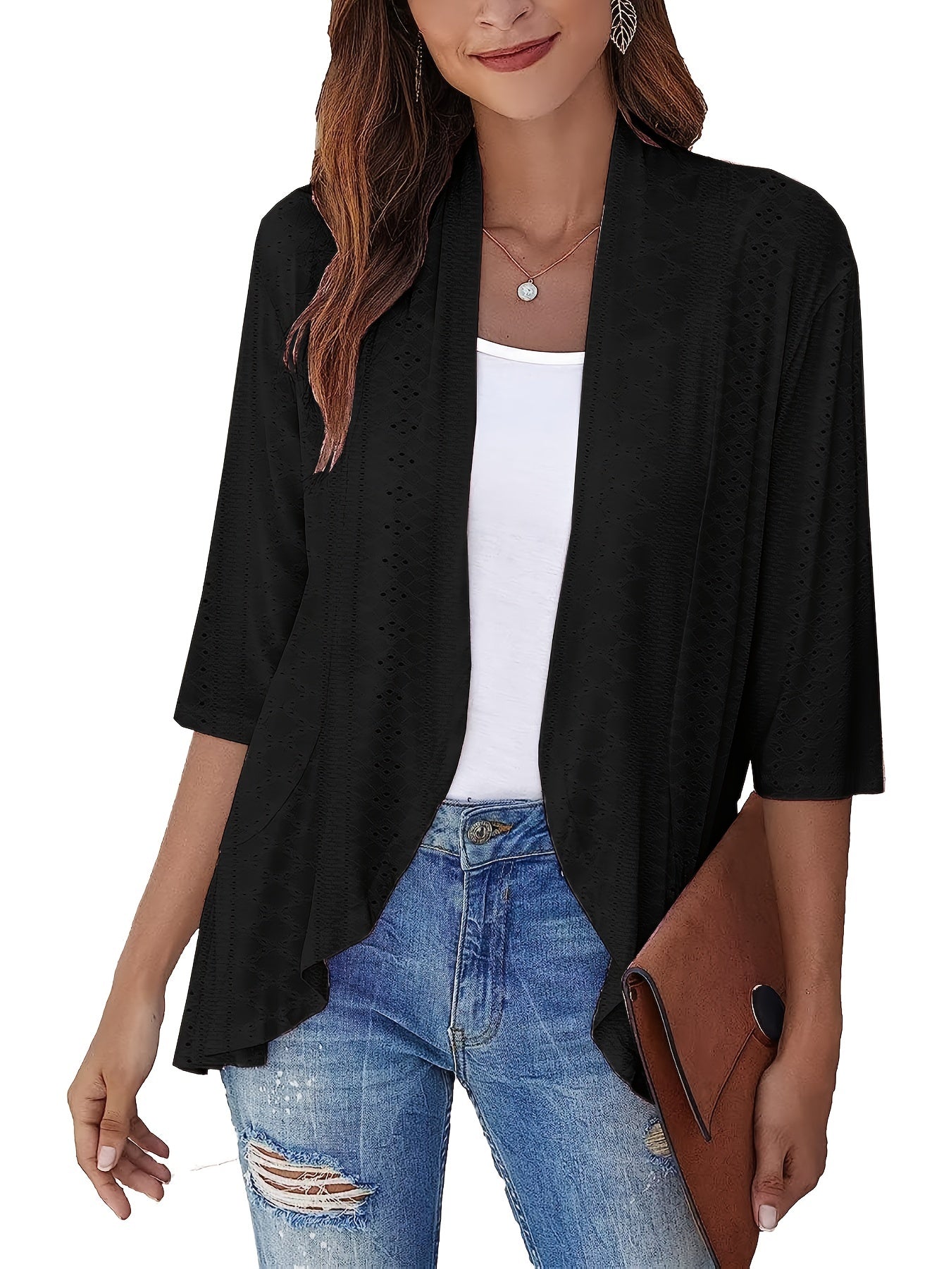 Ruffle Eyelet Cardigan 3/4 Sleeve for Women
