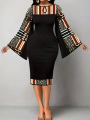 Geometric Print Bell Sleeve Midi Dress