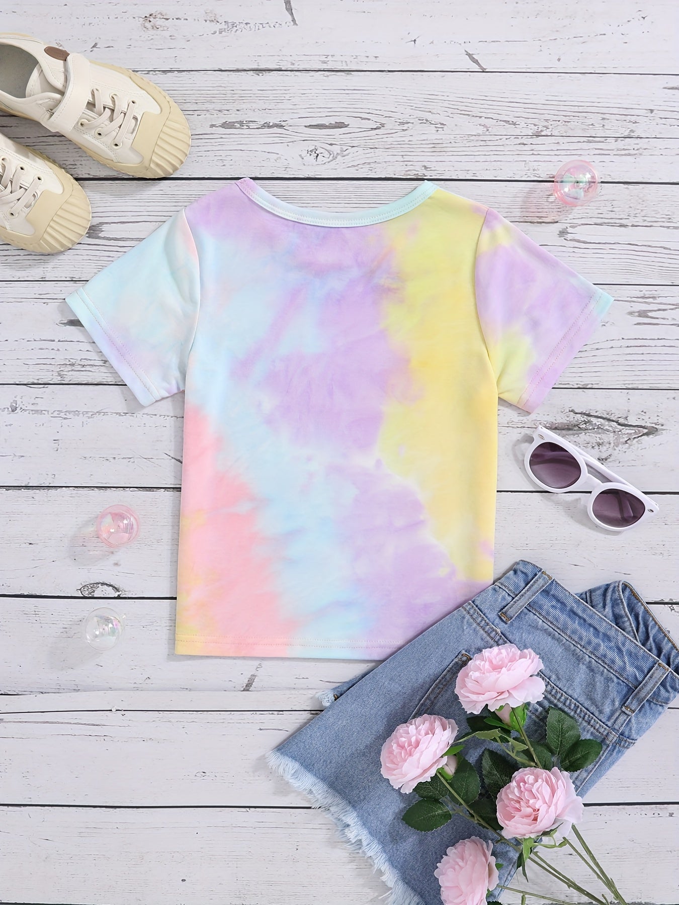 Kitty & Tie Dye Tee for Toddler Girls Short Sleeve Crewneck Summer Top