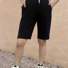 Solid Drawstring Lace Up Shorts Elastic Waist Knee Length Summer Shorts