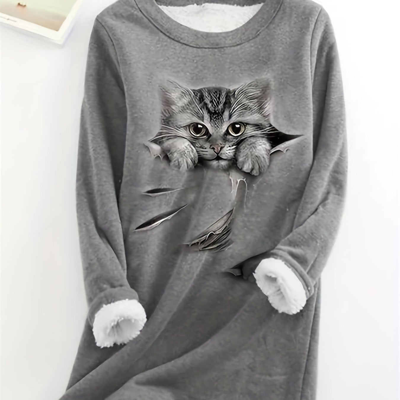 Cat Print Fuzzy Sweatshirt Long Sleeve Crew Neck Women's Clothing