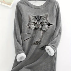 Cat Print Fuzzy Sweatshirt Long Sleeve Crew Neck Women's Clothing