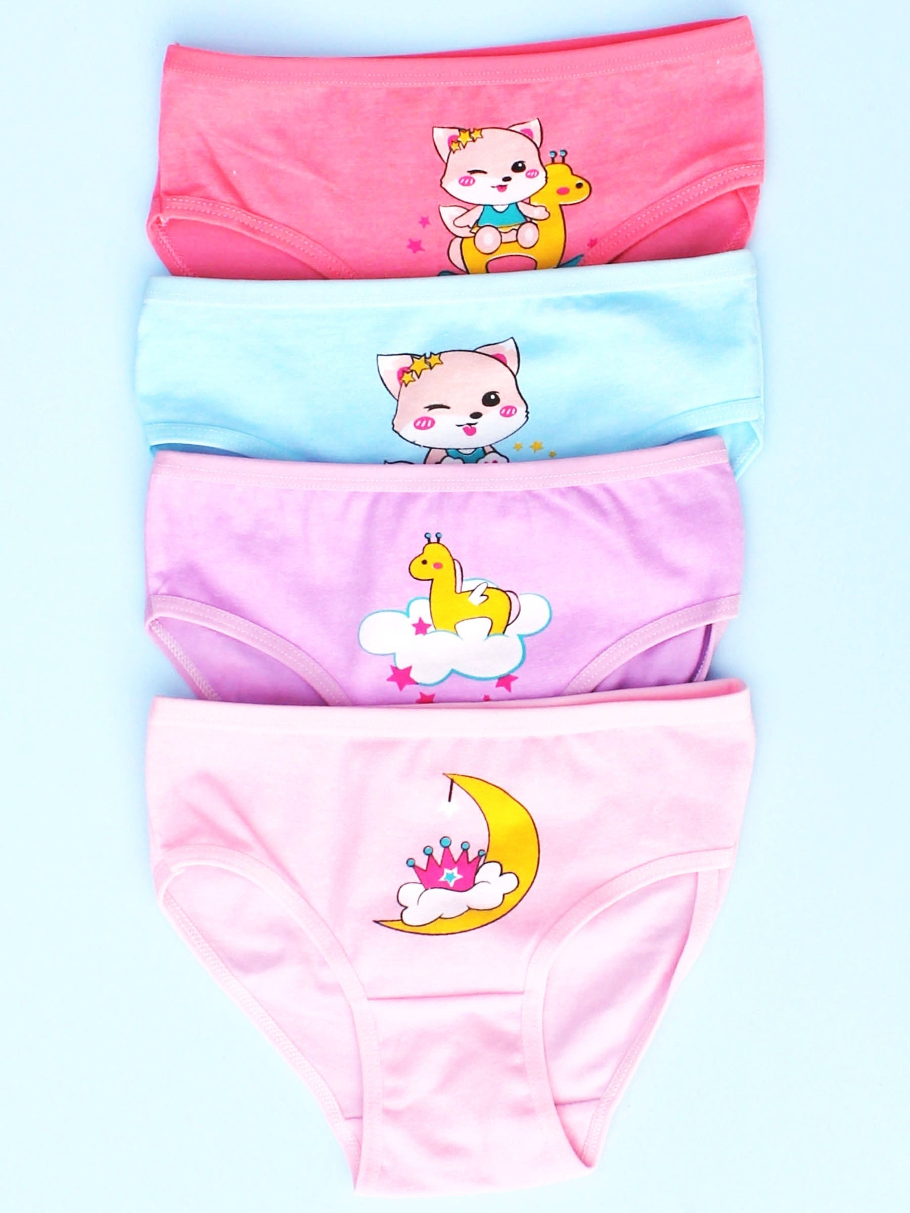 4pcs Girls Triangle Panties Fox Moon Print Elastic Waist Comfortable Underwear