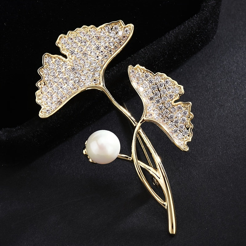 Ginkgo Leaf Scarf Pin Faux Pearl Rhinestone Brooch Women Shawl Clip