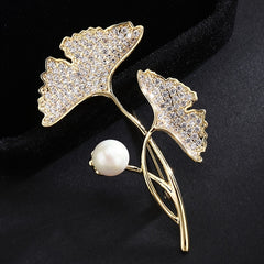 Ginkgo Leaf Scarf Pin Faux Pearl Rhinestone Brooch Women Shawl Clip