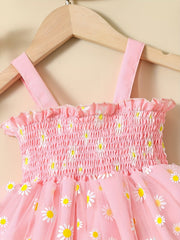 Baby Girls Daisy Graphic Print Thin Strap Mesh Dress Clothes For Summer