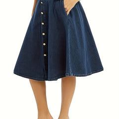 Retro Denim Skirt Button Front High Waist Midi Skirt With Pockets
