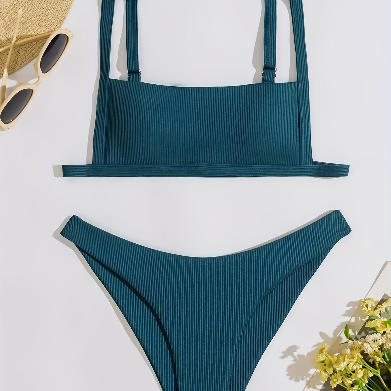 Rib Knit Bikini Set Back Buckle Backless High Cut Two Piece Swimsuit