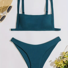 Rib Knit Bikini Set Back Buckle Backless High Cut Two Piece Swimsuit