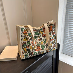 Cartoon Print Tote Bag Large Capacity Canvas Handbag Women's Casual Shoulder Bag