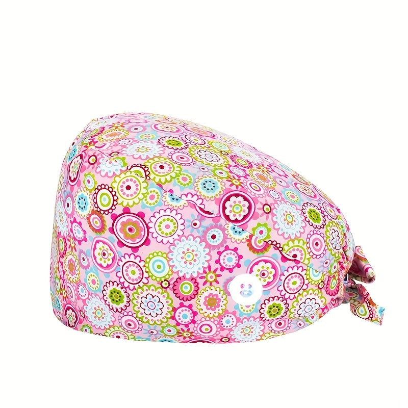 Cartoon Print Work Cap Casual Nurse Hats Elastic Lace Up Cap