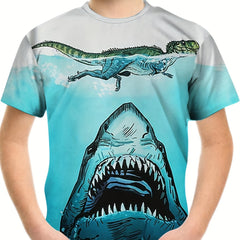3D Shark & Dino Print Kids Graphic T Shirt Short Sleeve Tee for Boys & Girls