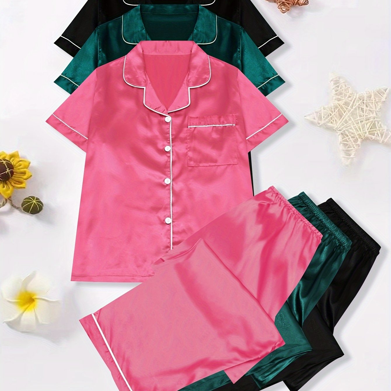 6 Pack Plus Size Pajamas Set Women's Plus Contrast Binding Short Sleeve